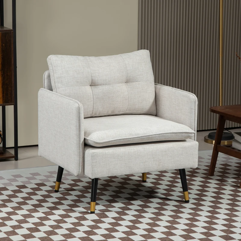 HOMCOM Fauteuil scandinave dossier capitonné avec passepoil en tissu 76 x 68 x 80 cm crème et pieds en métal noir et doré
