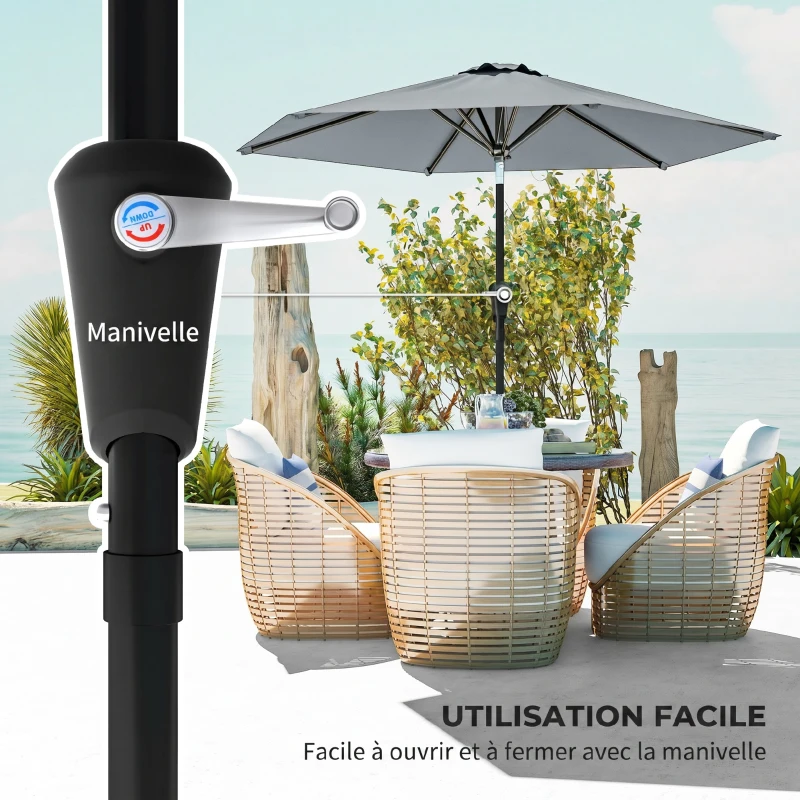 Outsunny Parasol de jardin Parasol droit hexagonal inclinable Ø 2,3 x 2,16H m métal polyester haute densité gris
