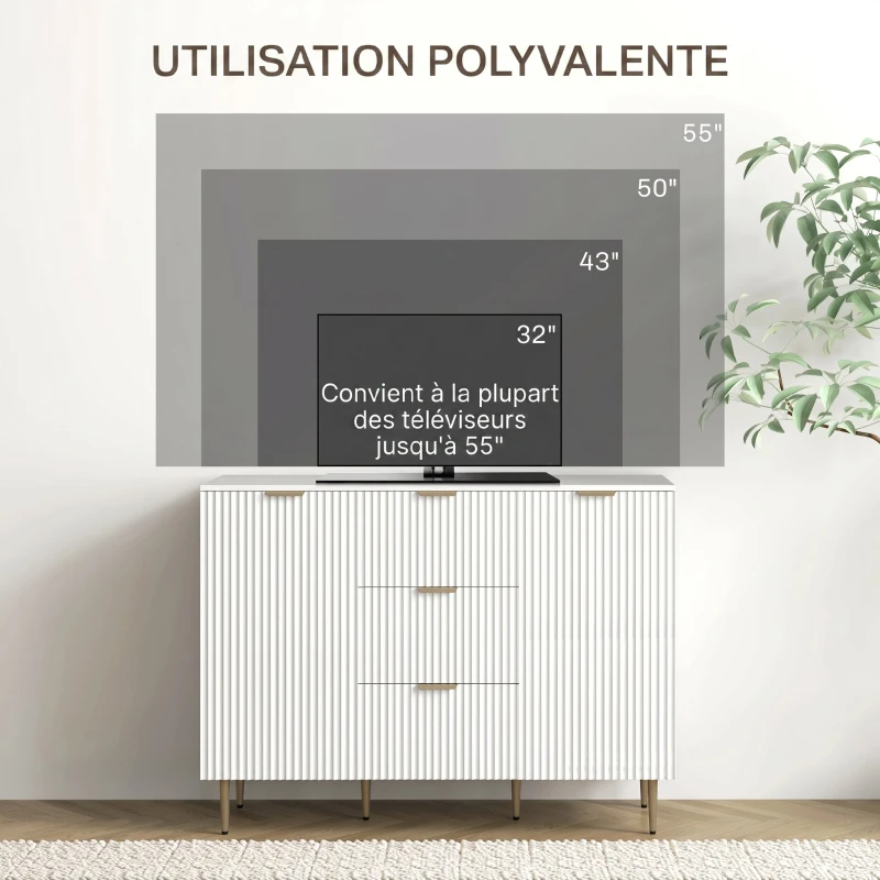 HOMCOM Buffet meuble cuisine rangement avec 3 tiroirs, étagères réglables, placards à portes cannelées, 120 x 40 x 90 cm, blanc