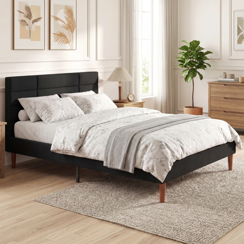 HOMCOM Bettgestell 140 x 200 cm mit Lattenrost, Doppelbett gepolstert in Leinenoptik, Stauraum unter dem Bett, geräuscharm, Schwarz
