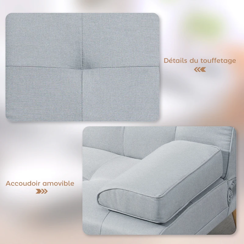 HOMCOM Canapé convertible 3 places, canapé-lit rembourré avec dossier réglable 3 niveaux, 2 coussins et 2 porte-gobelets intégrés, tissu de lin, pour salon, chambre d'amis, petit espace, gris clair