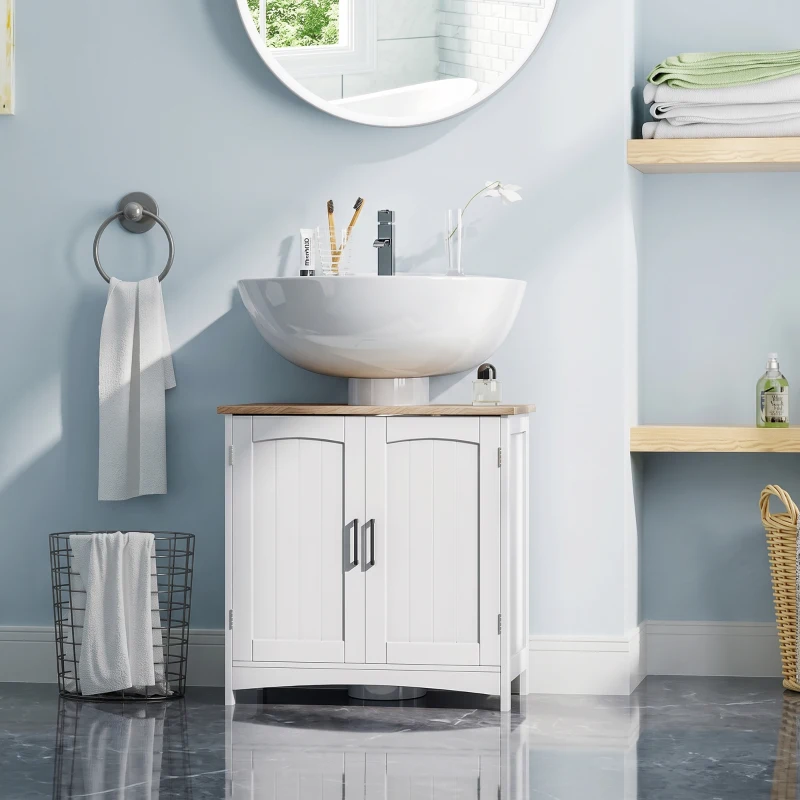 kleankin Mobile Sotto Lavabo Bagno con 2 Ante e Ripiano Regolabile, 60x33x60cm, Legno e Bianco