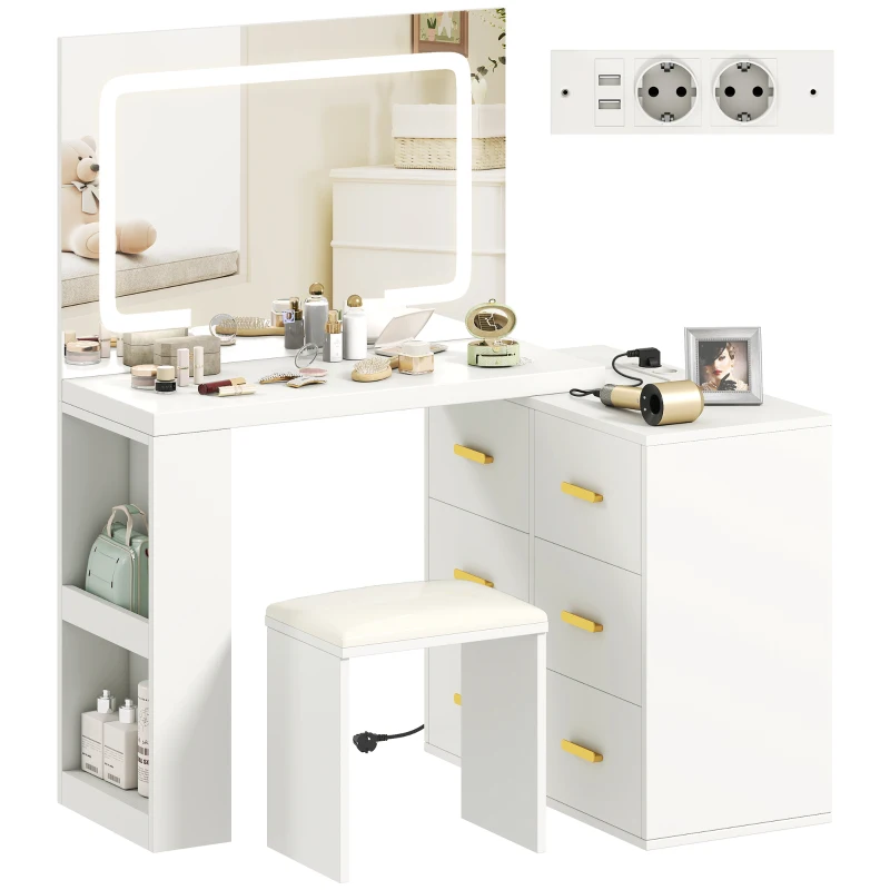 HOMCOM Coiffeuse avec miroir et tabouret, table de maquillage avec éclairage LED réglable, 6 tiroirs, 118 x 78 x 135 cm, blanc