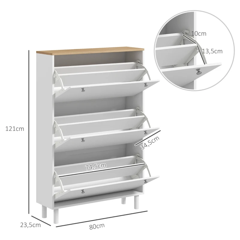 HOMCOM Sapateira 24 Pares Armário de Calçados Estreito com 3 Gavetas Basculantes Prateleiras Ajustáveis Branco