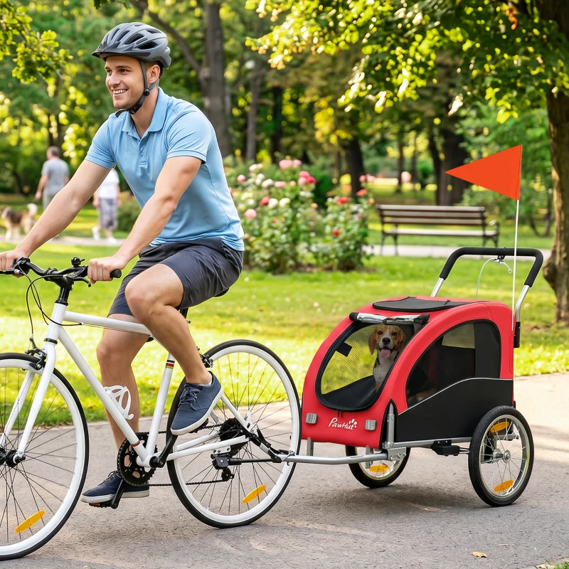 PawHut Remorque Vélo Chien 2-en-1 pour Chien Moyen avec Suspension, Pneus à Dégagement Rapide, Réflecteurs, 160x71x101cm, Rouge