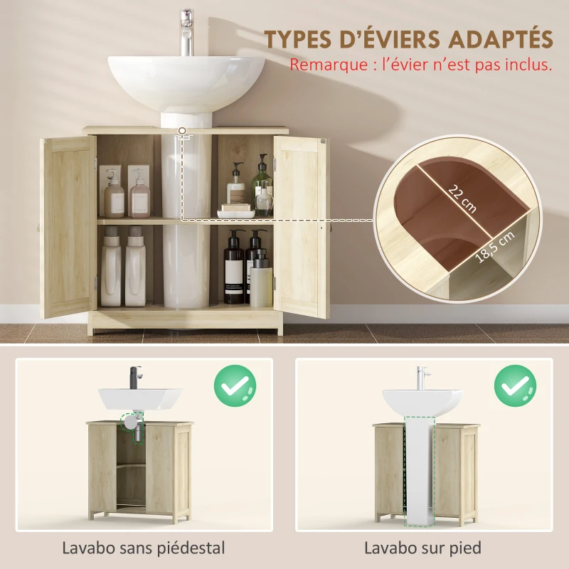 kleankin Meuble Salle de Bain sous Lavabo, Meuble sous-Vasque, Placard 2 Portes avec Étagère, 60x30x60cm, Chêne