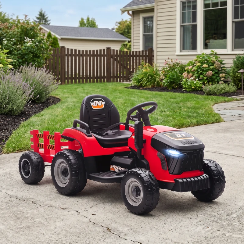 AIYAPLAY 2 in 1 Trattore Elettrico per Bambini 3-8 Anni con Rimorchio Staccabile, Telecomando, Musica, Luci, Rosso