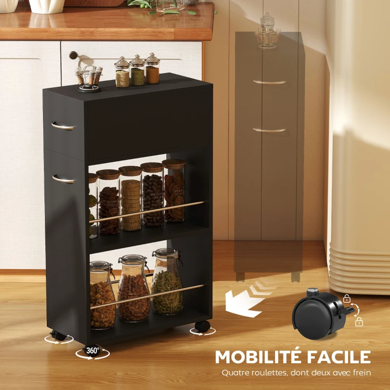 HOMCOM Chariot de cuisine desserte sur roulettes avec 1 tiroir et 2 étagères ouvertes pour salle à manger 25 x 50 x 85 cm Noir