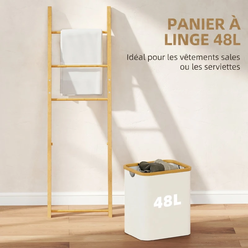 HOMCOM Porte-Serviettes Bambou avec Panier à Linge, Échelle Porte-Serviettes avec 1 Panier à Linge, 43 x 35 x 133 cm, Crème