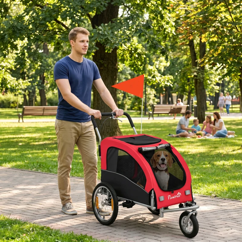 PawHut Remorque Vélo Chien 2-en-1 pour Chien Moyen avec Suspension, Pneus à Dégagement Rapide, Réflecteurs, 160x71x101cm, Rouge