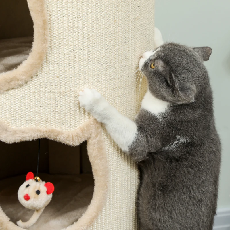 PawHut Tonneau à gratter, tour à griffer en sisal et bord en peluche, 3 niveaux avec plate-forme, stable, Ø 38 x 96 cm crème