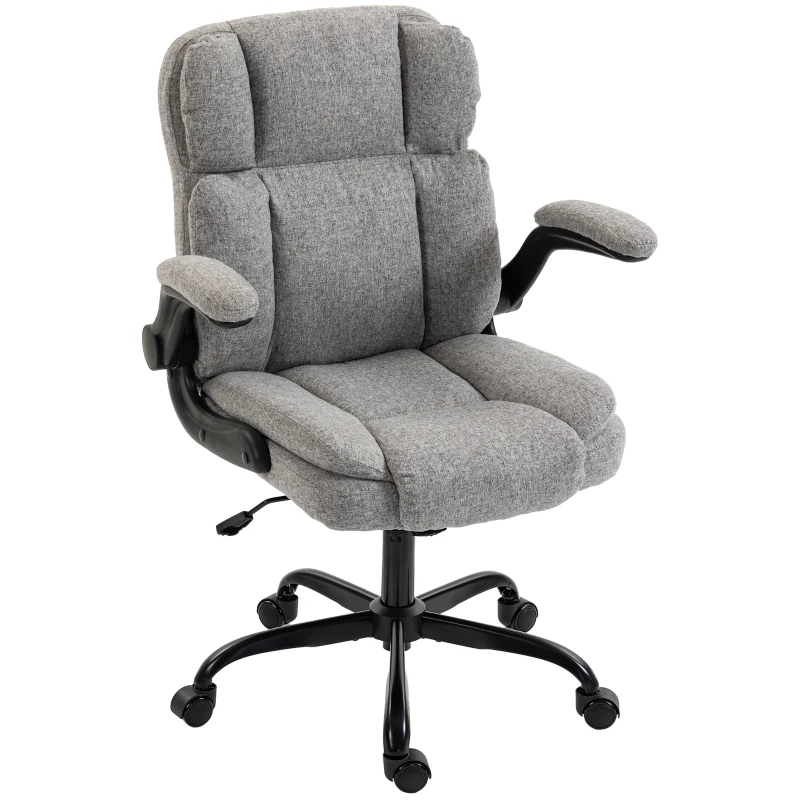 HOMCOM Chaise de Bureau Pivotante avec Accoudoirs Rabattables, Hauteur Réglable, Bascule en Tissu Effet Lin, Gris