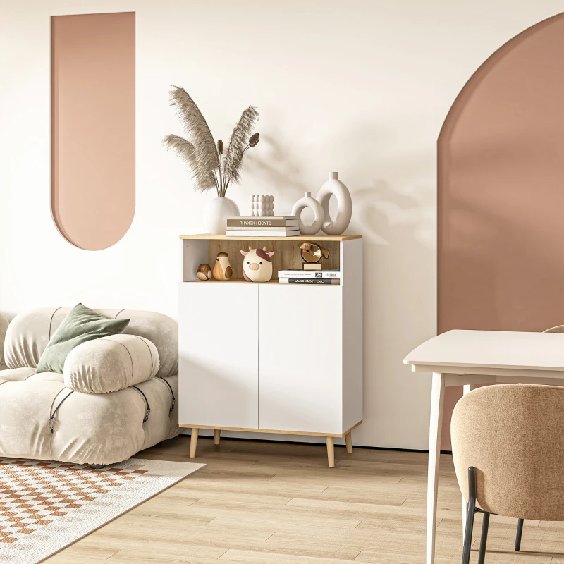 HOMCOM Credenza Cucina Scandinava con 2 Ante, Ripiano Regolabile, Gambe in Legno di Pino, 80x38x102 cm, Bianco e Rovere