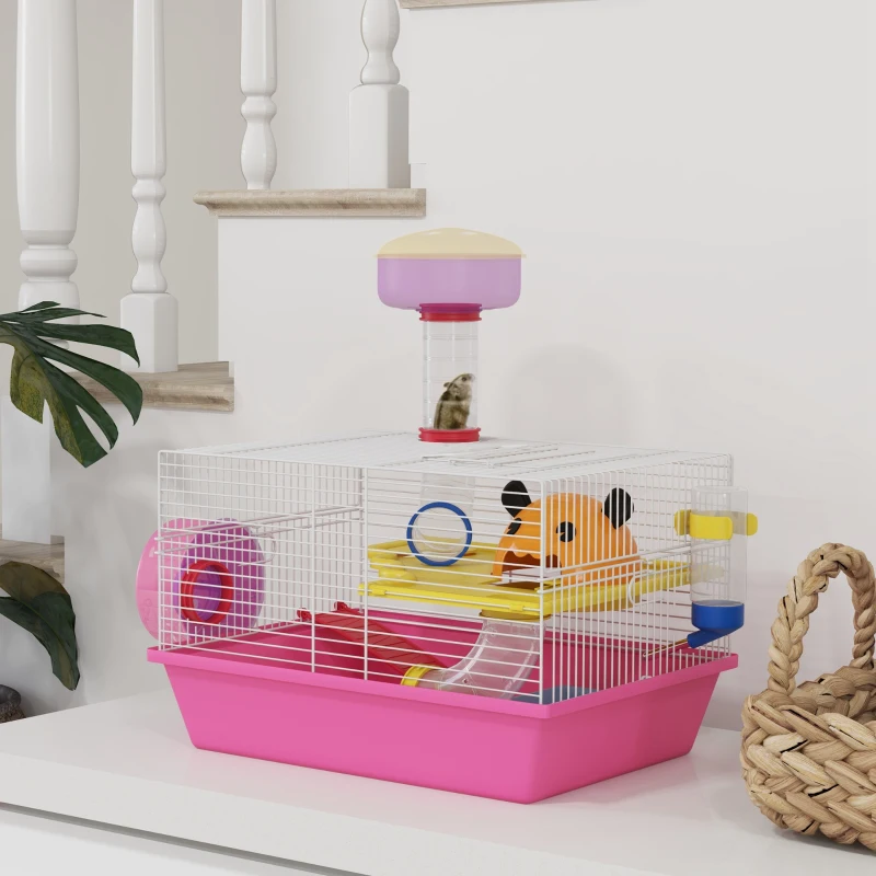 PawHut Cage à hamster rat rongeur multicolore avec plateforme, biberon eau, roue, maisonnette, 34 x 27 x 25 cm, rose