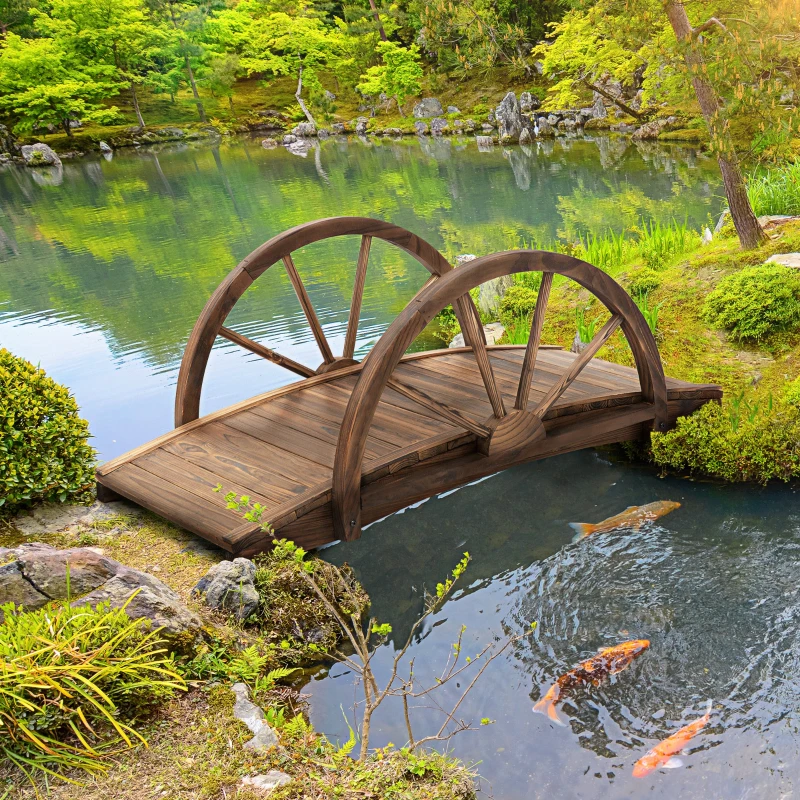 Outsunny Pont de jardin en bois, avec balustrade à demi-roues charge max. 150 KG, 100 x 50 x 37 cm, marron