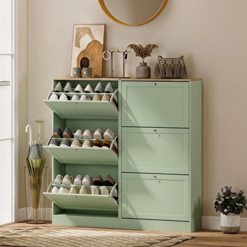 HOMCOM Dulap pentru încălțăminte Stil modern, 3 uși abătătoare, 18 perechi de pantofi, 60 x 23,5 x 115 cm, Verde