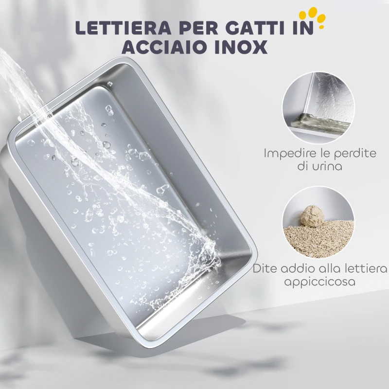 PawHut Lettiera per Gatti Chiusa con Tappetino Raccogli-sabbia, in Acciaio Inox, ABS e PP, 60.5x40.5x45 cm, Bianca e Argento