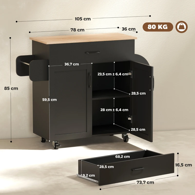 HOMCOM Dessert îlot de cuisine multi-rangements tiroirs placard 2 portes avec étagère réglable 105 x 36 x 85 cm noir