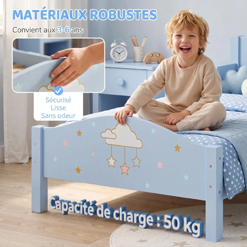 AIYAPLAY Lit Enfant 70 x 140 cm, Lit pour Enfant avec Barrière de Sécurité et Sommier à Lattes en Bois, Motif Nuage, Bleu