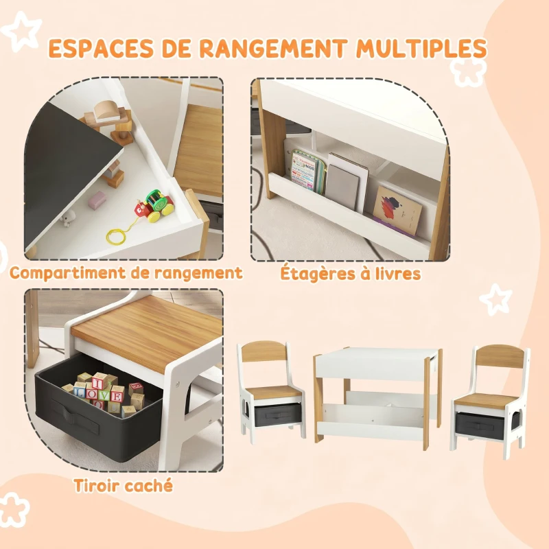 HOMCOM Ensemble 3 pièces table et 2 chaises pour enfant avec plateau réversible tableau noir, panier de rangement, étagères