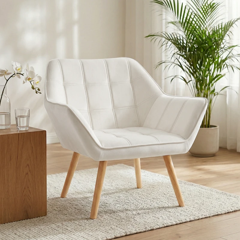 HOMCOM Fauteuil style scandinave dossier haut et accoudoirs, revêtement en polyester effet velours, 67 x 61,5 x 71 cm, crème