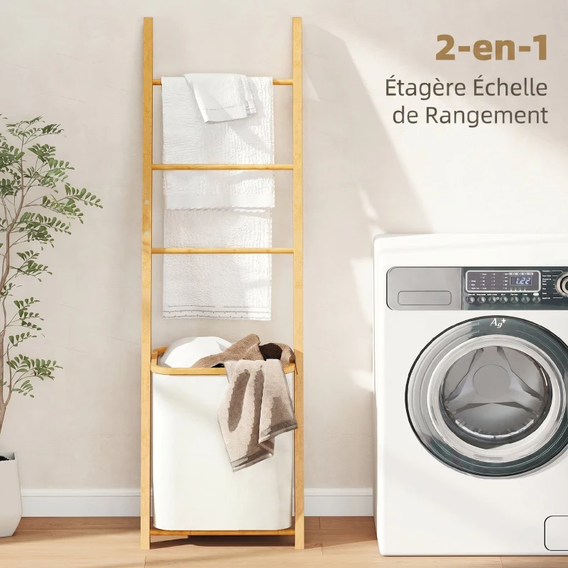 HOMCOM Porte-Serviettes Bambou avec Panier à Linge, Échelle Porte-Serviettes avec 1 Panier à Linge, 43 x 35 x 133 cm, Crème