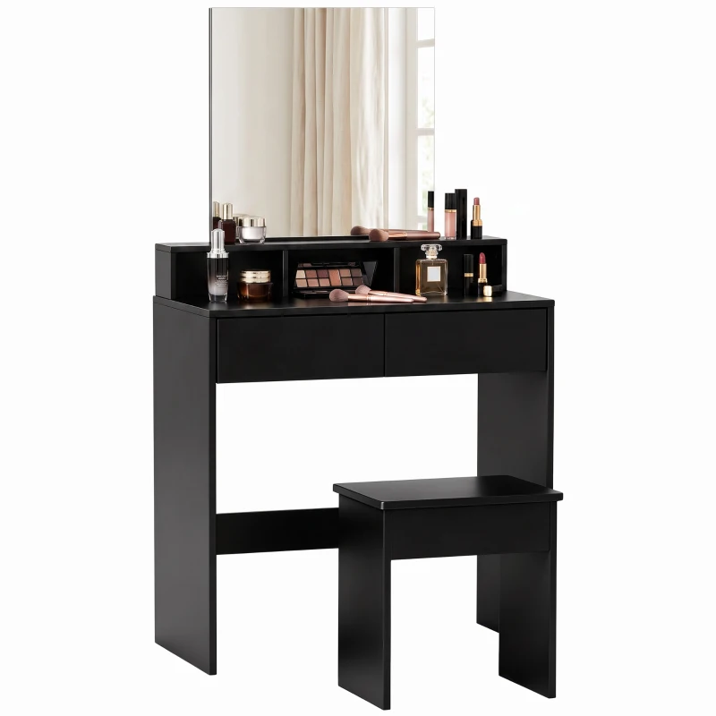 HOMCOM Schminktisch mit Spiegel, 3 Ablagen, 2 Schubladen und Hocker, aus Holz, 75x38x135 cm, Schwarz