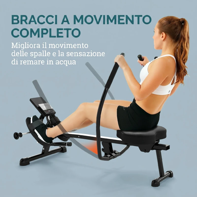SPORTNOW Vogatore per Casa, Vogatore Compatto con 12 Livelli di Resistenza Idraulica, Monitor LCD, Pedali Antiscivolo, Capacità 130 kg, Salvaspazio