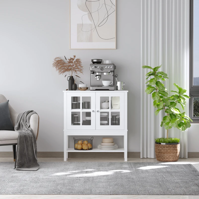 HOMCOM Aparador de Cozinha Moderno com 2 Portas em Vidro Temperado Prateleira Ajustável 80x28x84 cm Branco