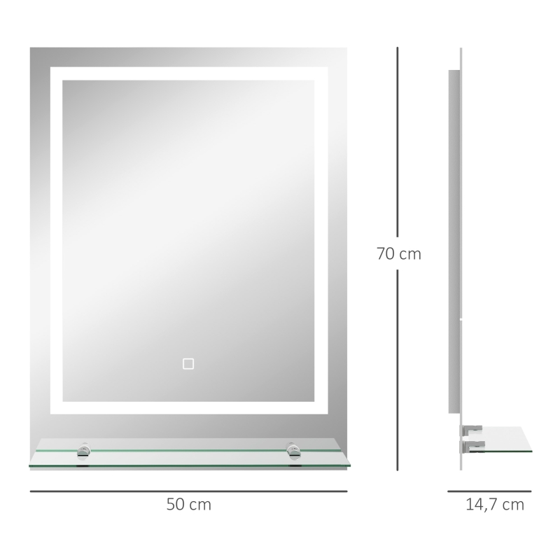 kleankin Miroir rectangulaire mural lumineux LED de salle de bain 70 x 50 cm
