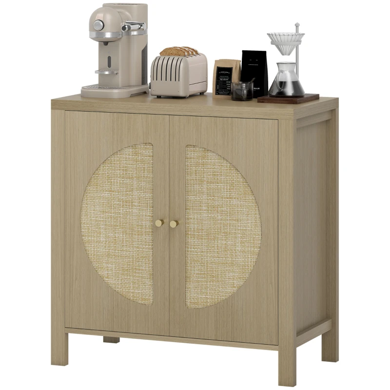 HOMCOM Buffet cuisine, meuble de rangement avec 2 portes effet rotin et étagère réglable, 75 x 38 x 77 cm, bois naturel