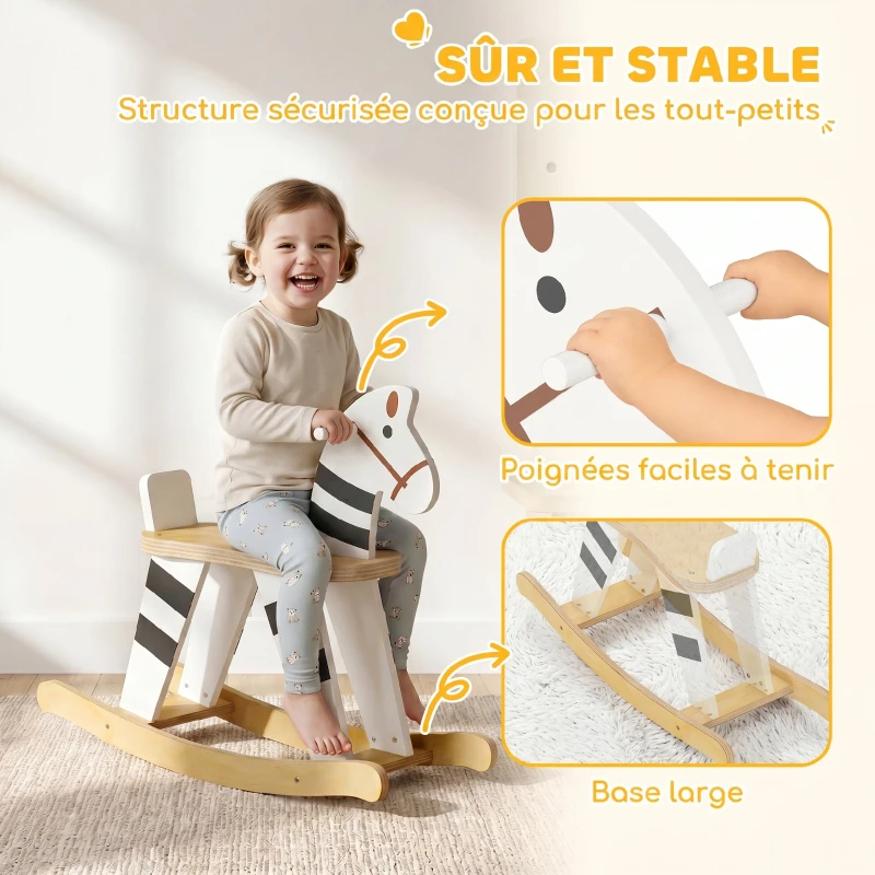 AIYAPLAY Cheval à Bascule pour Enfant, Jouet à Bascule pour Enfant avec Base en Bois et Dossier, 18 Mois à 3 Ans, Noir et Blanc