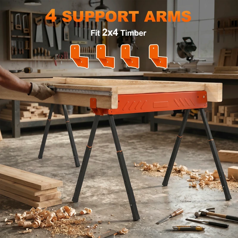 HOMCOM Lot de 2 Tréteaux Pliables en Métal, Charge Max. 500 kg, Tréteaux Portables, Hauteur Réglable 71-85,5cm, Orange