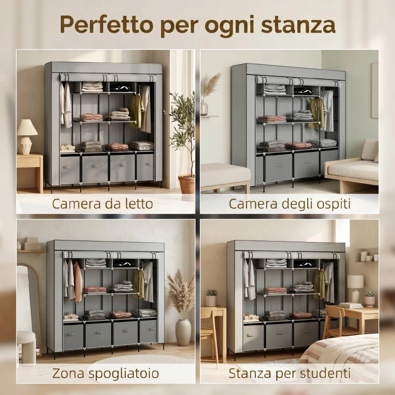 HOMCOM Armadio in Tessuto e Acciaio con 10 Ripiani, 4 Cassetti e Ante a Cerniera, Grigio