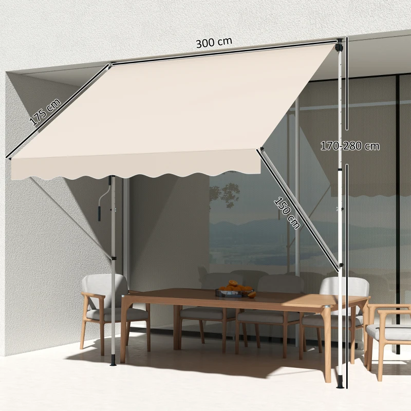 Outsunny Store banne Manuel rétractable 3L x 1,5l m Auvent Téléscopique sans Perçage Inclinaison et Hauteur réglable Installation Rapide métal alu Polyester Anti-UV beige