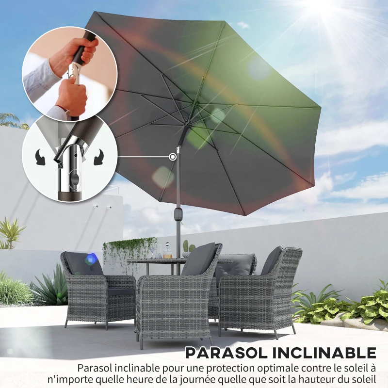 Outsunny Parasol de Jardin Extérieur 3x3 m, Parasol Inclinable Octogone avec Manivelle, 8 Baleines, Anti-UV, Gris Foncé