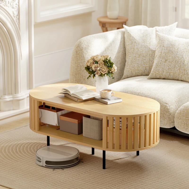 HOMCOM Table basse ovale, table de salon avec rangement, coins arrondis, design lattes, 100 x 50 x 40 cm, effet bois naturel(m-2)