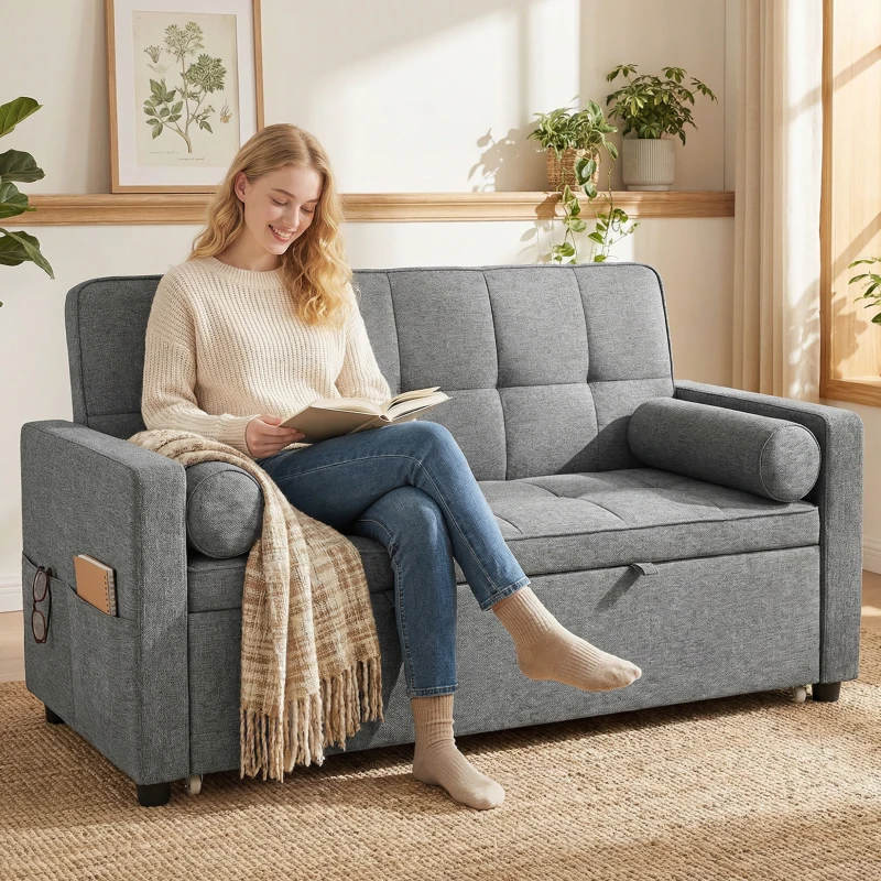 HOMCOM Canapé convertible 2 places 3 en 1 canapé-lit avec lit gigogne double dossier réglable 2 coussins 80,5x137,5x84cm gris