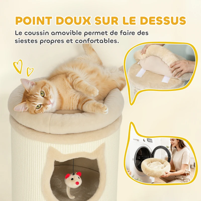 PawHut Tonneau à gratter, tour à griffer en sisal et bord en peluche, 3 niveaux avec plate-forme, stable, Ø 38 x 96 cm crème