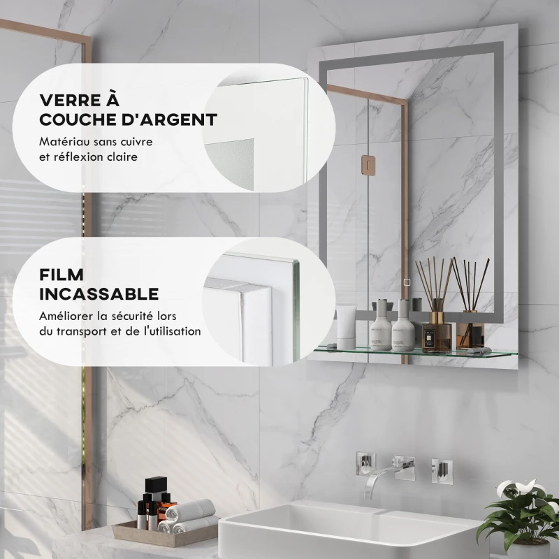 kleankin Miroir rectangulaire mural lumineux LED de salle de bain 70 x 50 cm