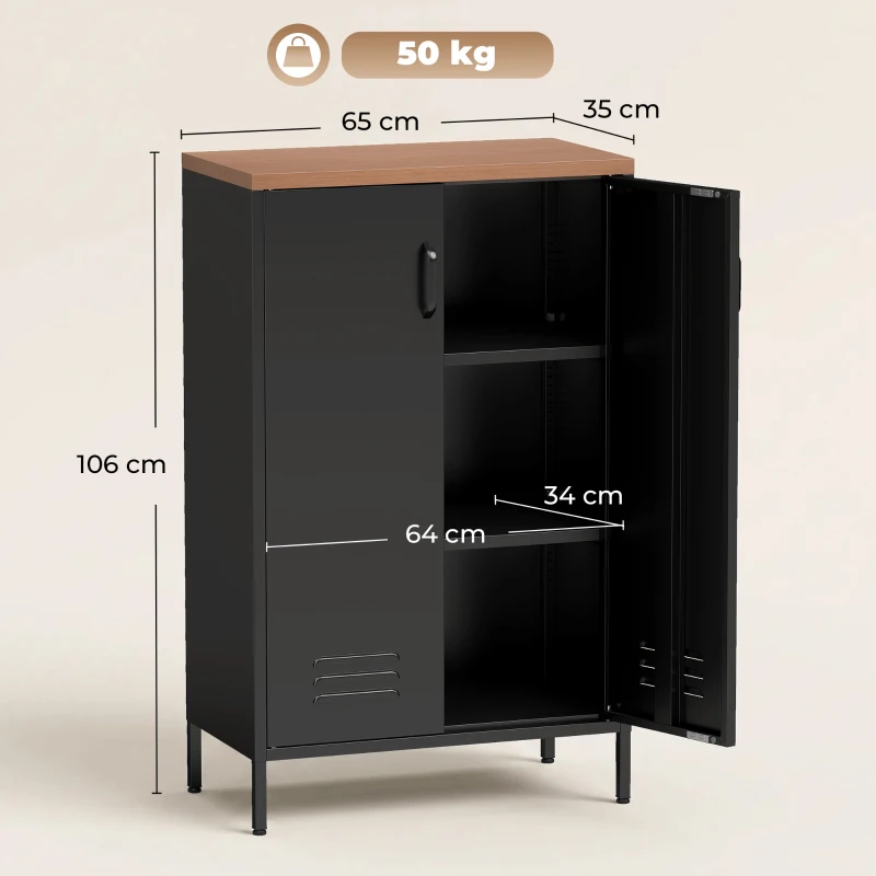 HOMCOM Metall-Sideboard mit 2 Türen und verstellbarem Regal, für Wohnzimmer/Studio, Schwarz