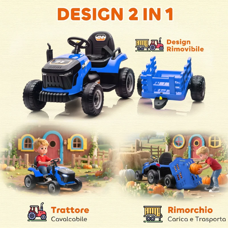 AIYAPLAY 2 in 1 Trattore Elettrico per Bambini 3-8 Anni con Rimorchio Staccabile, Telecomando, Musica, Luci, Blu