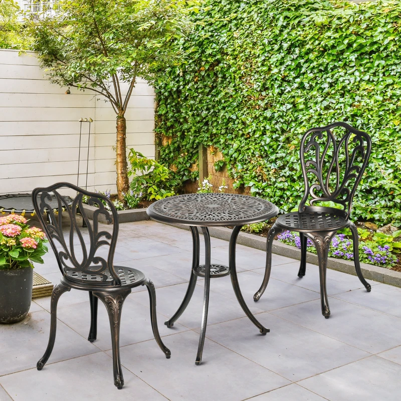 Outsunny Ensemble Salon de Jardin 2 Places 2 chaises + Table Ronde style charme rétro en fonte d'aluminium, bronze