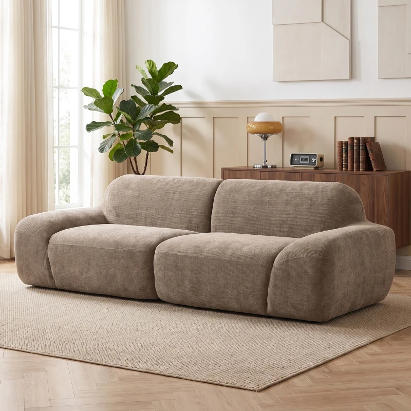 HOMCOM Sofá 3 Lugares em Chenille 244 cm, Sofá de Sala Moderno, Assento e Apoios de Braços Largos, Molas Ensacadas, Castanho Claro