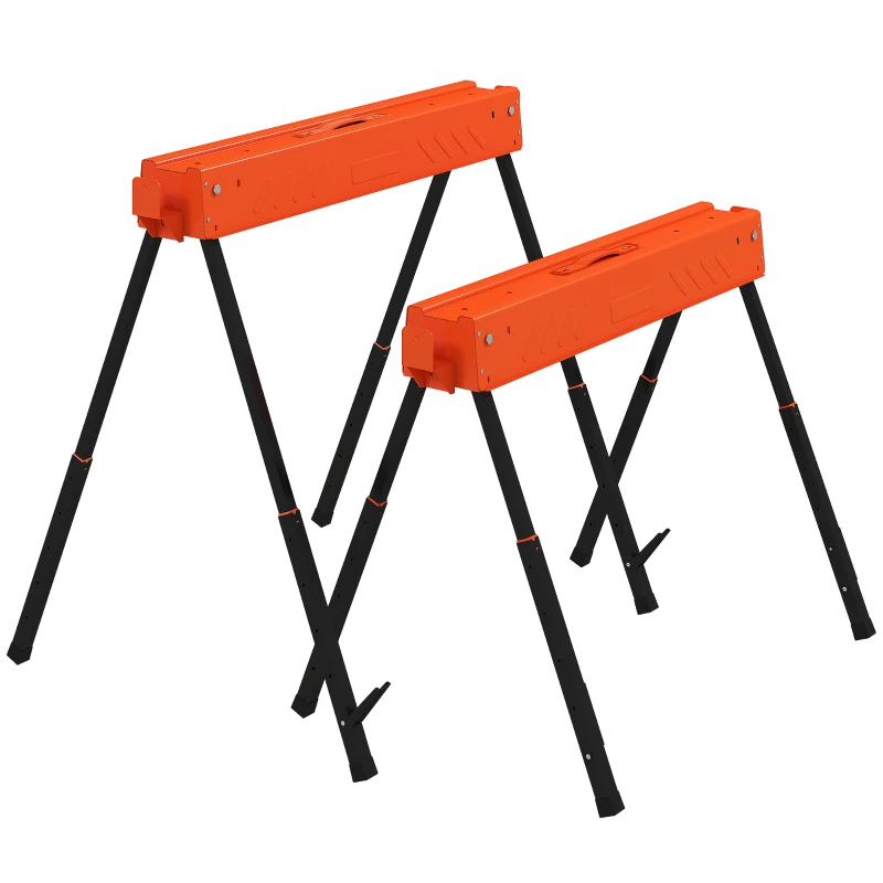 HOMCOM Set de 2 Caballetes Plegables con Altura Regulable Asa Patas Antideslizantes y Capacidad 500 kg Naranja