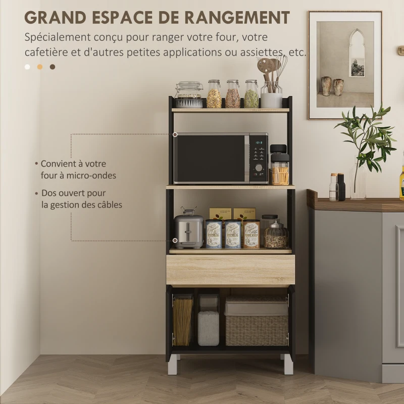 HOMCOM Meuble micro onde, buffet cuisine avec placard tiroir étagère supérieur, 60 x 40 x 131 cm chêne et noir