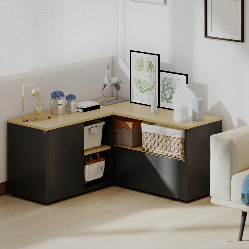 HOMCOM Meuble TV d'angle banc télévision jusqu'à 40 pouces avec 2 placards et 3 niches 90 x 90 x 45 cm chêne et noir