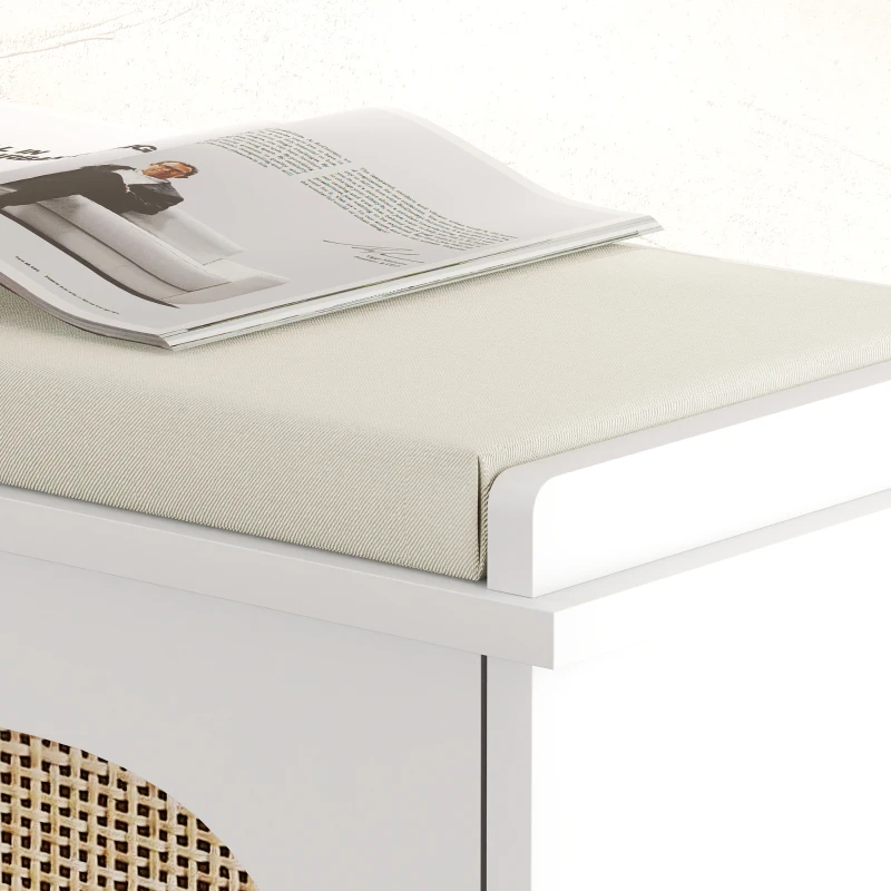 HOMCOM Banc à chaussures, banc de rangement, assise rembourrée, tiroir rabattable, porte en rotin, 80 x 26 x 47,5 cm, blanc