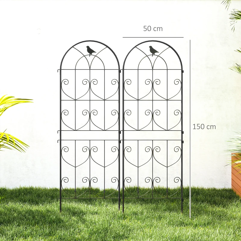 Outsunny Support pour plantes grimpantes avec oiseaux lot de 2 treillis de jardin pour légume vigne fleur métal 50 x 150 cm noir