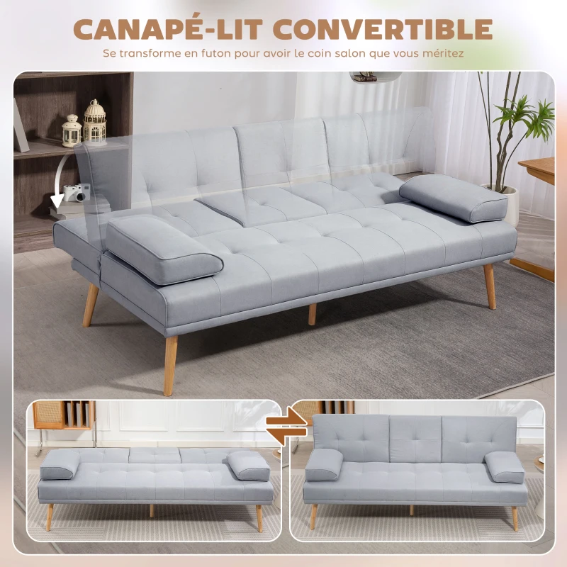 HOMCOM Canapé convertible 3 places, canapé-lit rembourré avec dossier réglable 3 niveaux, 2 coussins et 2 porte-gobelets intégrés, tissu de lin, pour salon, chambre d'amis, petit espace, gris clair